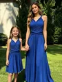 Elegant royal blue multi-way mother and daughter matching formal dresses in garden - Sapphire Blue