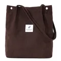 Grand sac à bandoulière en velours côtelé marron avec patch minimaliste et boutons - Brun Foncé