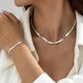 Fashionable minimalist silver flat herringbone necklace and matching bracelet set - Silver Flat Snake Bone Necklace and Bracelet Set (30633-NB-S-set-EP)