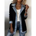 Cárdigan de punto acanalado negro para mujer con elegantes retazos de mezclilla - S / Tops / Negro