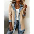Elegante chaqueta de punto acanalado caqui para mujer con patchwork de mezclilla - S / Tops / Albaricoque