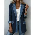 Elegante blazer de pana azul marino para mujer con cuello y puños en patchwork de denim - S / Tops / Azul marino