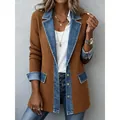 Chaqueta de punto acanalado marrón para mujer con solapas de mezclilla azul - S / Tops / Caqui
