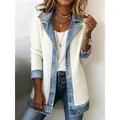 Chaqueta patchwork de punto acanalado y denim para mujer con cuello de solapa y botones - Blanco