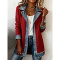 Elegante chaqueta roja acanalada para mujer con detalles de mezclilla de estilo - Rojo