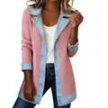Chaqueta de punto rosa con detalles de patchwork en mezclilla azul. - Rosa