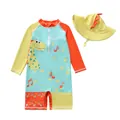Detailed view of kids' one-piece dinosaur swimsuit and matching sun hat set - Colorful Dragon (D260722-1LR)