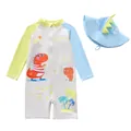 Detail of boys one-piece long sleeve swimsuit with dinosaur print and matching hat - Beige Dragon (D260722-2LR)