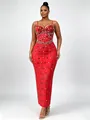 Elegant red bandage maxi dress with sparkling rhinestone details for formal evening wear - Red