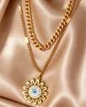 Elegant double-layered gold-plated necklace featuring a radiant sun evil eye pendant - Sunflower Evil Eye Style (N-36G)