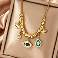 18K gold plated titanium steel necklace with blue teardrop and evil eye charms - Waterdrop Eye Style (N-37G)