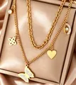 Elegant double-layered 18K gold-plated necklace with rhinestone butterfly and heart pendants - Butterfly Heart Style (N-38G)