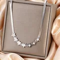 Silver titanium steel herringbone chain necklace with white enamel star charms - Silver Star Style (N-39S)