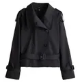 Elegante gabardina corta negra con doble botonadura para mujer con cinturón de cintura - S / Tops / Negro