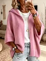 Cardigan tricoté rose à capuche pour femme, manches trois-quarts, style ouvert chic. - Rose