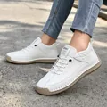White men's casual outdoor work boots featuring decorative stitching and tan rubber sole - 38 / Mid-Top Martin Boots (9888) / White with Yellow Sole