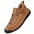 Brown men's mid-top casual boots with hand-stitched detailing and velcro strap - 35 / Mid-Top Martin Boots (9888) / Tan