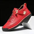 Red men's mid-top casual boots with hand-stitched details and velcro strap - 38 / Mid-Top Martin Boots (9888) / Red with Black Sole
