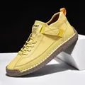 Yellow leather mid-top men's Martin boots with contrast stitching and elastic strap - 38 / Mid-Top Martin Boots (9888) / Yellow Yellow Sole