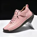 Pink mid-top casual men's leather shoe with contrast stitching and velcro - 38 / Mid-Top Martin Boots (9888) / Pink