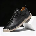 Men's black mid-top casual leather shoes with decorative stitching and beige sole accents - 38 / Mid-Top Martin Boots (9888) / Black Yellow Sole