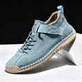 Modern blue men's mid-top casual Martin boots with white stitching and rubber sole - 38 / Mid-Top Martin Boots (9888) / Lake Blue