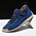 Outdoor men's blue suede mid-top Martin boots featuring white contrast stitching details - 38 / Mid-Top Martin Boots (9888) / Dark Blue