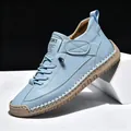 Men's light blue mid-top casual Martin boots featuring white hand-stitching detail. - 38 / Mid-Top Martin Boots (9888) / Sky Blue
