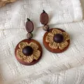 Retro ethnic style wooden woven flower earrings featuring unique leopard print beads - Wood Tassel Flower Style (28492C)
