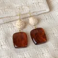 Retro woven straw sphere and amber brown resin square drop earrings for autumn - Square Earrings (28498A)