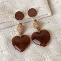 Retro wooden heart drop earrings with woven beads and amber brown marble finish resin - Heart Stud Earrings (28498B)