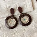 Vintage wooden woven geometric hoop earrings with ethnic dreamcatcher style details - Gold Wire Circle Earrings (28499A)