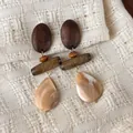 Vintage geometric wooden drop earrings with marble-textured resin pendants for women - Oval Bar Teardrop Style (28499C)