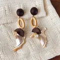 Handcrafted vintage wooden geometric earrings with pearlescent shell elements - Oval Fan Conch Style (28499D)