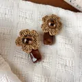 Vintage woven flower earrings with leopard print resin and brown marbled drop pendant - Geometric Style (28548B)