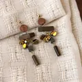 Vintage wooden geometric drop earrings with metallic beads in ethnic style for autumn - Geometric Patchwork Style (28501)