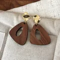 Vintage geometric wooden dangle earrings with gold-toned metal accents in brown - Rhombic Triangle (28500B)