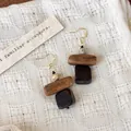 Vintage geometric wooden drop earrings with speckled beads on white woven background - Short Style Earrings (28502A)
