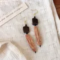 Retro wooden geometric dangle earrings with dark and light brown textured wood pieces. - Long Style Earrings (28502B)