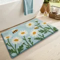 Tappeto da bagno assorbente con motivo floreale a margherite e api in blu chiaro - Ape primaverile e margherita - Bianco