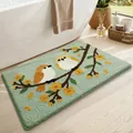 Tappetino da bagno antiscivolo floccato assorbente con simpatici uccellini in verde chiaro - Uccelli verdi su ramo fiorito