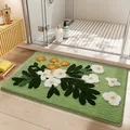 Tappeto da bagno floccato assorbente e antiscivolo con motivo floreale verde - Rami verdi e stami bianchi