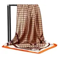 Elegant champagne and orange 90cm satin square scarf with vintage monogram print - 90x90cm / 25