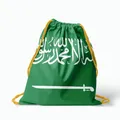 Detailed view of green drawstring sports bag featuring the Saudi Arabian flag design - Saudi Arabia Style (26SJBSKD) / 50*41cm