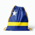 Detail of blue and yellow drawstring bag with Curaçao flag pattern for sports and travel. - Curacao Style (26SJBSKD) / 50*41cm