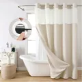 Elegante cortina de ducha de tejido gofre beige sin ganchos con ventana de malla. - Arpillera Sintética
