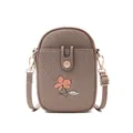 Detailansicht einer strukturierten braunen Mini-Umhängetasche mit Blumenmuster - Bestickter Blumenstil (L6-242) / Aprikose