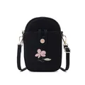 Schwarze Mini-Umhängetasche für Handys mit dekorativer rosa Blume - Bestickter Blumenstil (L6-242) / Schwarz