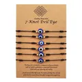 Handmade set of 6 black wax rope braided 7 knot evil eye charm bracelets on display card - Evil Eye (7 Knot) / 6 Pieces Set / Black