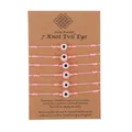 Handmade set of 6 pink 7-knot bracelets with evil eye charms on display card - Evil Eye (7 Knot) / 6 Pieces Set / Pink